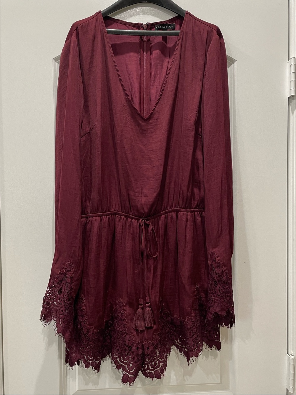 Kendall & Kylie Burgundy Lace-Trim Long Sleeve Chemise Romper SZ L NWOT